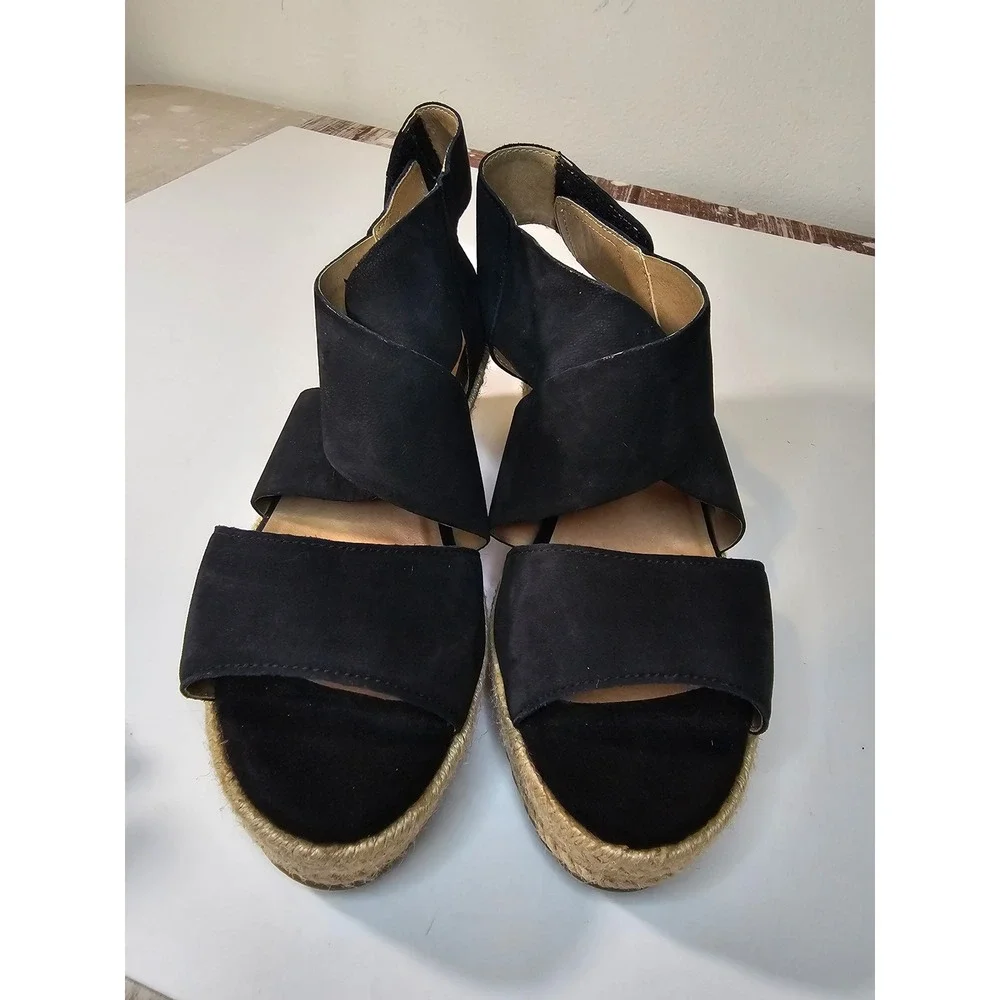 Soul Naturalizer Oshay Black Leather Espadrille Wedge Sandals Womens 7M
